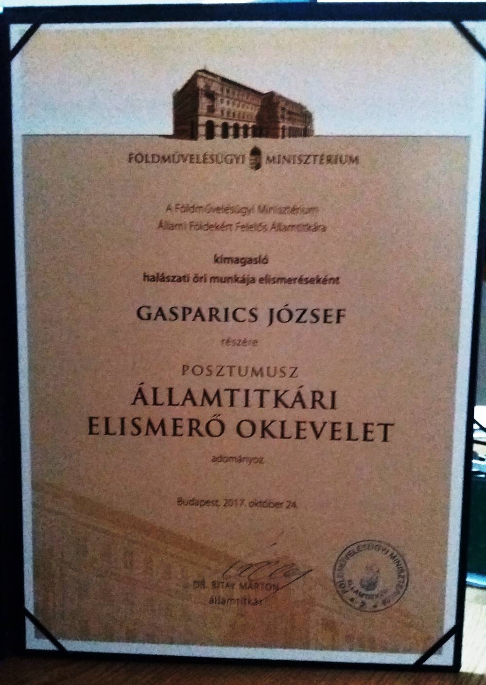 Posztumusz elismerés kollégánknak